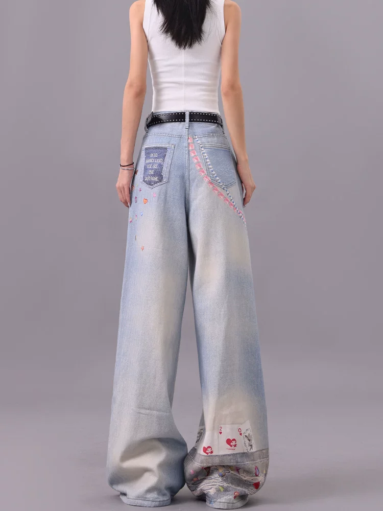 Quần jean ống đứng in họa tiết graffiti đầy màu sắc của KEN STUDIO dành cho nữ, phong cách mùa hè mới, dáng rộng, tôn dáng, quần dài ngang sàn.