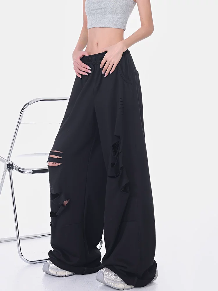 KEN STUDIO mùa hè mới quần thể thao xẻ tà màu đen quần thể thao thường ngày quần ống rộng lưng cao dành cho nữ