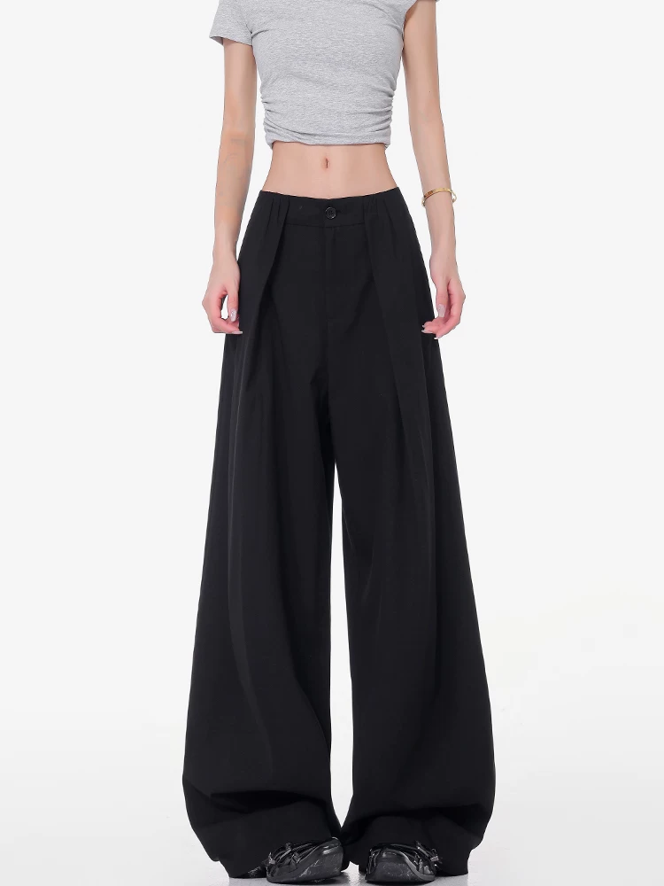 KEN STUDIO mùa hè mới quần âu màu đen giản dị dành cho nữ với thiết kế xếp ly quần âu ống rộng thẳng