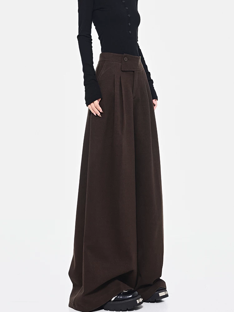 KEN STUDIO Quần len dày màu cà phê mới dành cho nữ mùa thu đông, quần ống rộng thiết kế nút chéo phong cách Melard