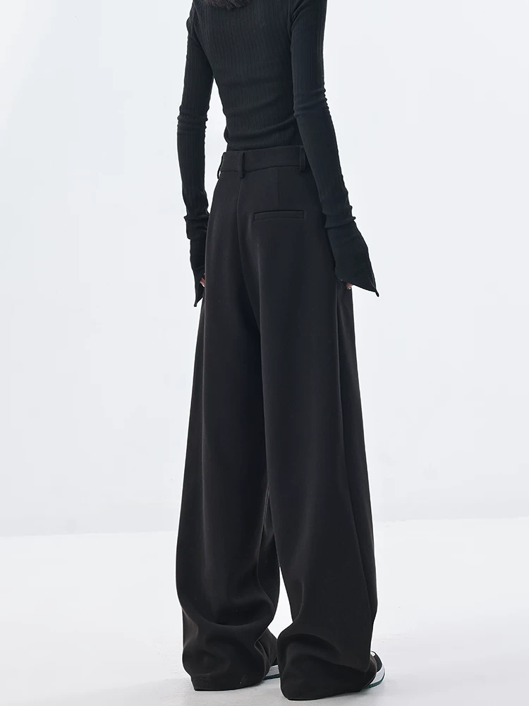 Quần âu ống rộng bằng len dày mùa thu đông của KEN STUDIO dành cho nữ, quần dài dáng rộng màu đen, quần dài thường ngày