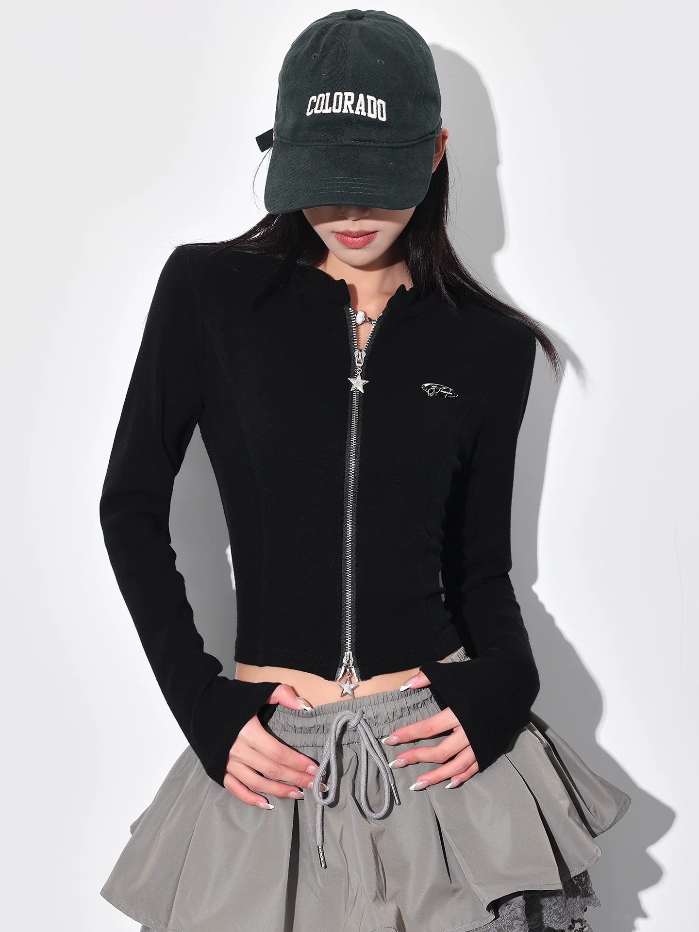 KEN STUDIO Áo thun dài tay cổ tròn có khóa kéo đôi mùa thu mới dành cho nữ, áo cardigan thiết kế dáng ôm vừa vặn thông thường