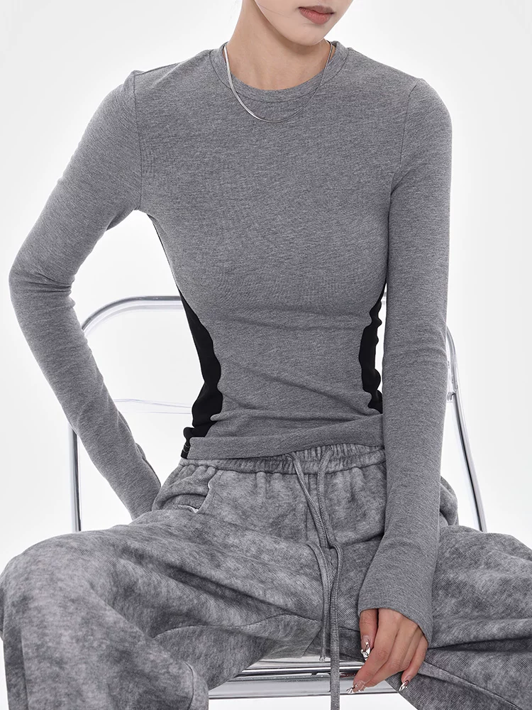 KEN STUDIO2025 Áo sơ mi cơ bản bằng vải chải màu thu đông dành cho nữ, xu hướng áo thun dài tay cổ tròn mềm mại và thoải mái