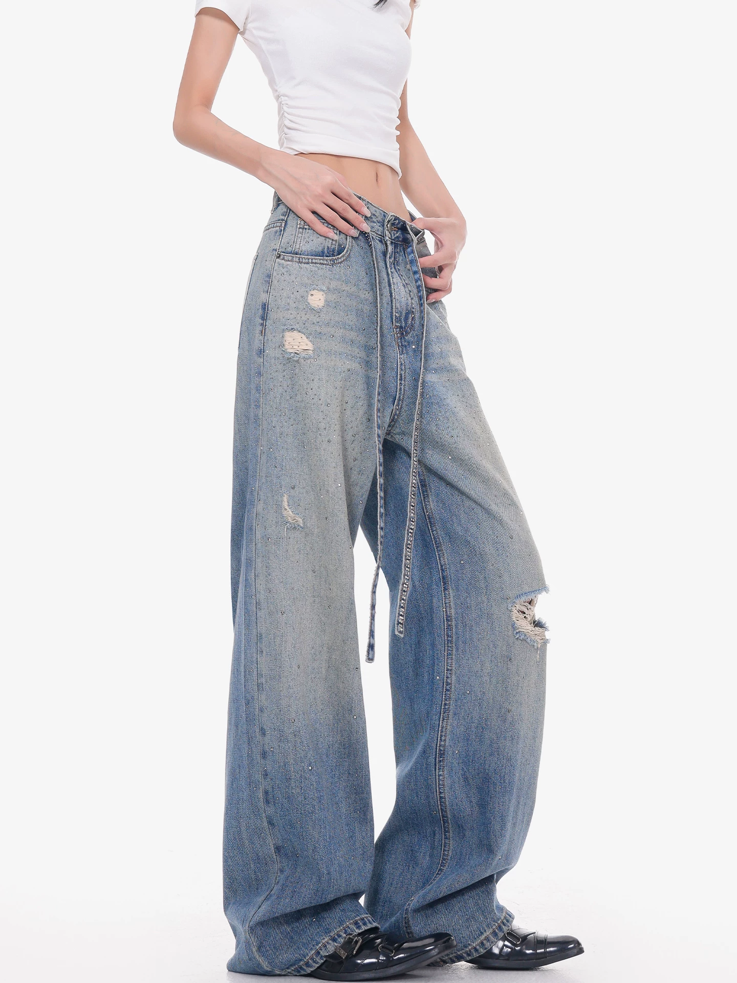 Quần jean rách đính đá Galaxy của KEN STUDIO dành cho nữ, Quần dài ống rộng đính đá hình ngôi sao mùa hè