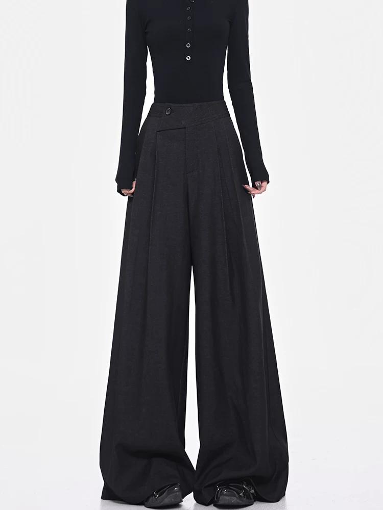 KEN STUDIO Quần tây ống rộng màu xám mùa thu mới dành cho nữ với thiết kế cúc chéo, đa năng, dáng rộng, dáng suông, quần dài đến sàn