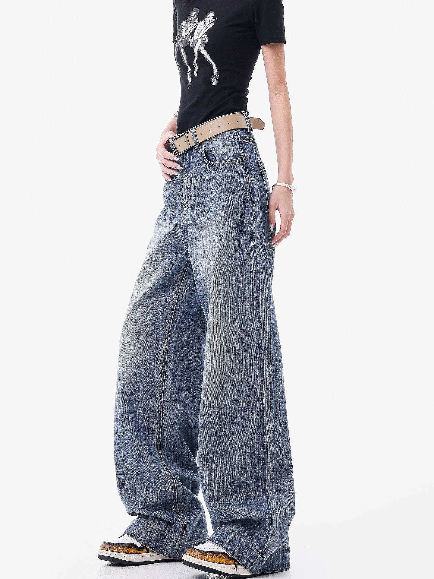 KEN STUDIO Quần jean ống rộng kiểu cổ điển của Mỹ dành cho nữ, quần ống đứng cạp cao mới giúp thon gọn mùa hè.