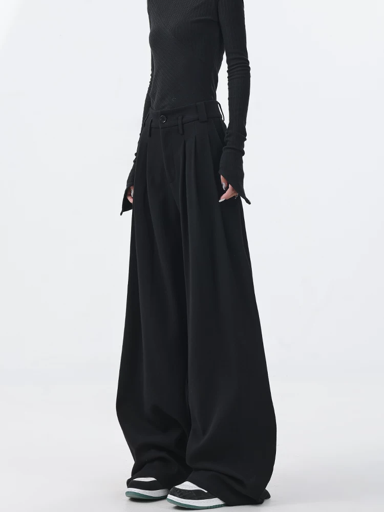 KEN STUDIO2025 Xuân Thu Mới Quần Âu Màu Đen Nữ Xếp Ly Thiết Kế Rộng Quần Ống Rộng Quần Dài