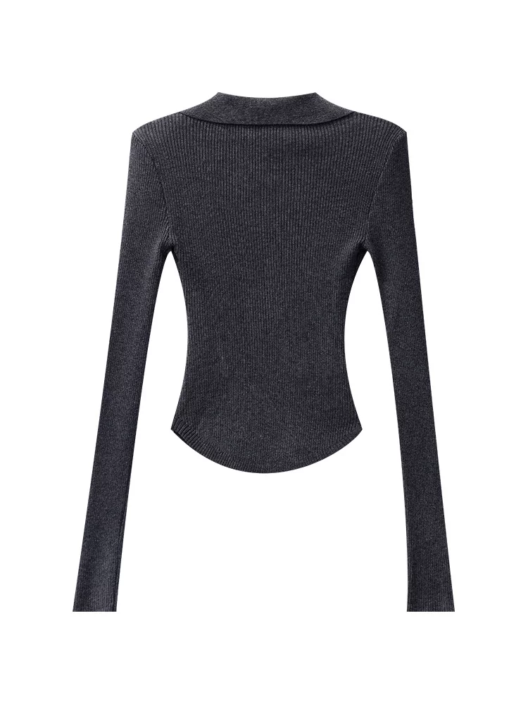 Áo len dệt kim giả hai mảnh màu xám của KEN STUDIO dành cho nữ, áo thun dài tay cổ polo dáng ôm mùa xuân thu, áo thun dài tay
