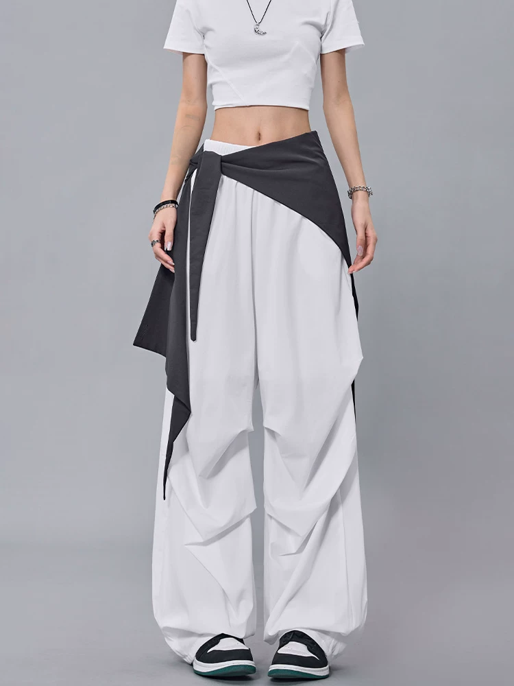 KEN STUDIO mùa hè mới quần dù có dây rút màu sắc phong cách Mỹ dành cho nữ, quần ống rộng thẳng hợp thời trang đường phố cao cấp