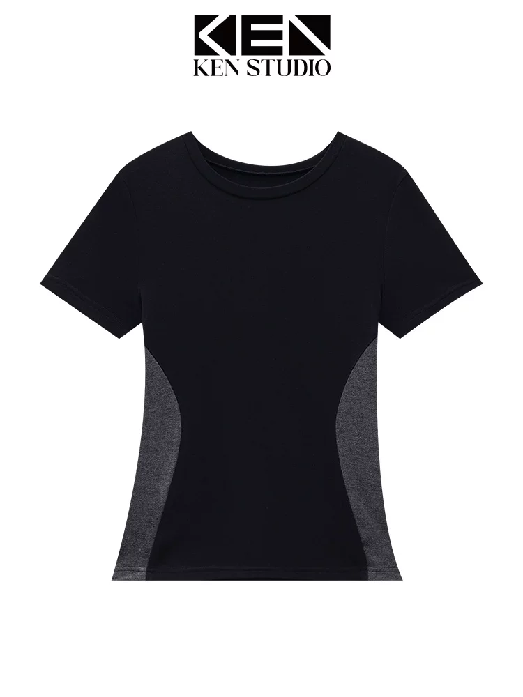 KEN STUDIO mùa hè mới áo thun cổ tròn phối màu ngắn tay dành cho nữ, áo sơ mi dáng ôm vừa vặn hợp thời trang