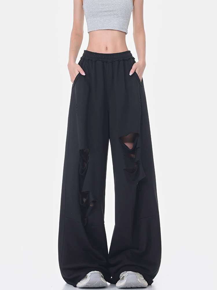 KEN STUDIO mùa hè mới quần thể thao xẻ tà màu đen quần thể thao thường ngày quần ống rộng lưng cao dành cho nữ