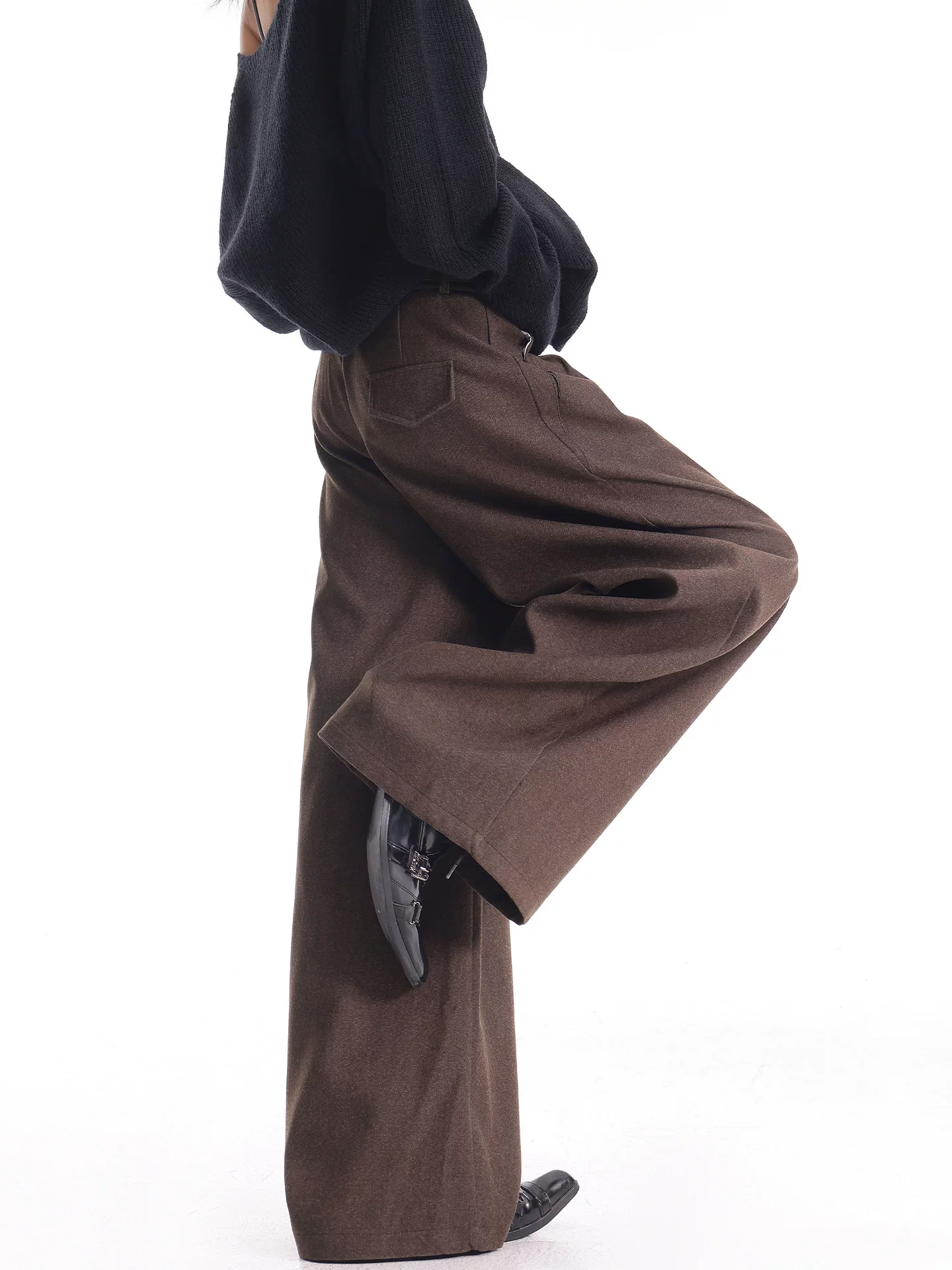 KEN STUDIO mùa thu đông mới phong cách cổ điển quần âu màu cà phê dành cho nữ, quần ống rộng đa năng phong cách retro