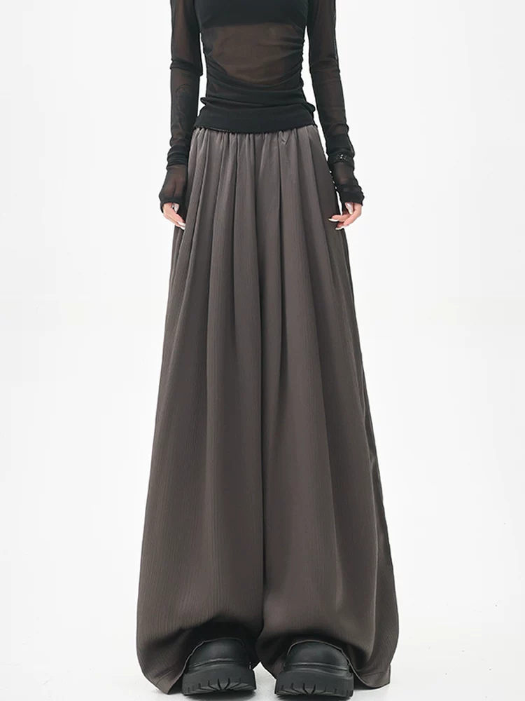 KEN STUDIO quần tây ống rộng xếp ly màu kaki mới mùa hè dành cho nữ, quần cạp cao, dáng rộng, quần rộng và tôn dáng