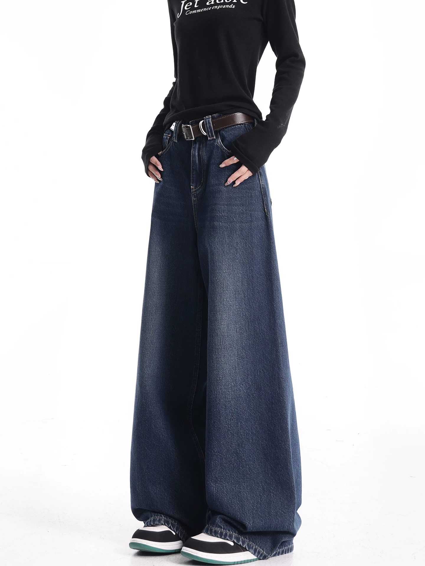 Quần jean cổ điển lót lông cừu mùa thu đông của KEN STUDIO dành cho nữ, phong cách đường phố cao cấp của Mỹ, quần ống rộng rộng rãi và đa năng.