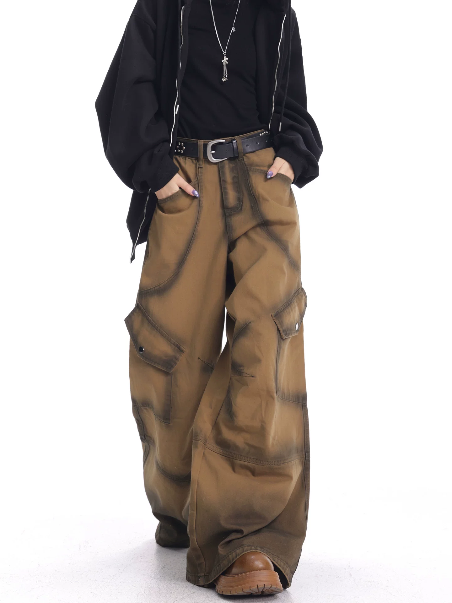 KEN STUDIO mùa thu đông mới quần kaki cổ điển quần kaki nữ Melard quần dài rộng đến sàn quần ống rộng quần dài