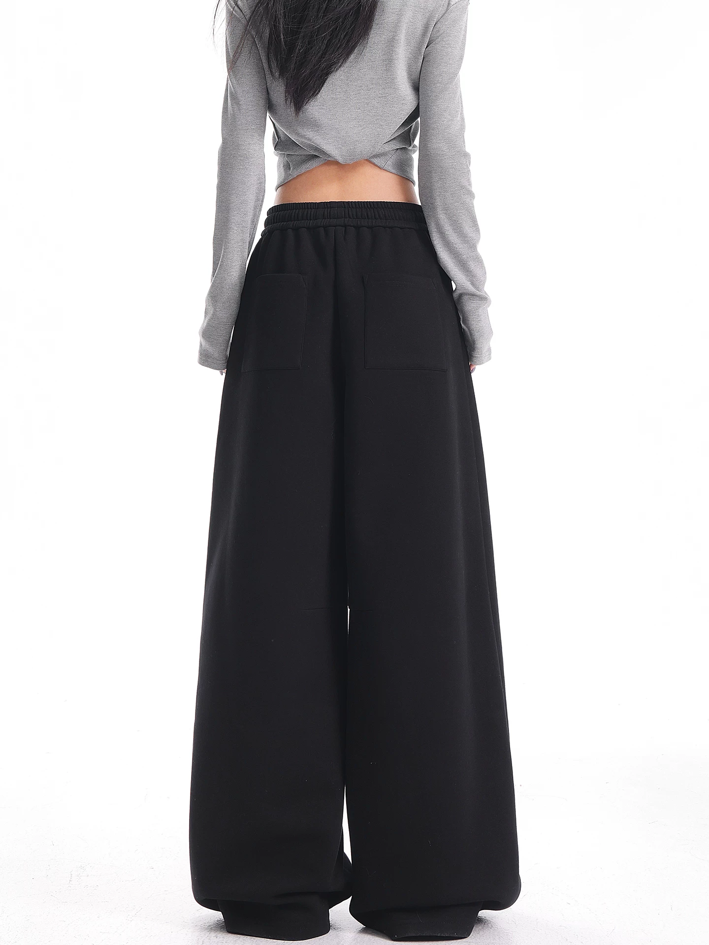 KEN STUDIO quần thể thao ống rộng màu đen dày dặn mới dành cho mùa thu đông dành cho nữ có dây rút, dáng rộng, quần thường ngày giúp thon gọn.