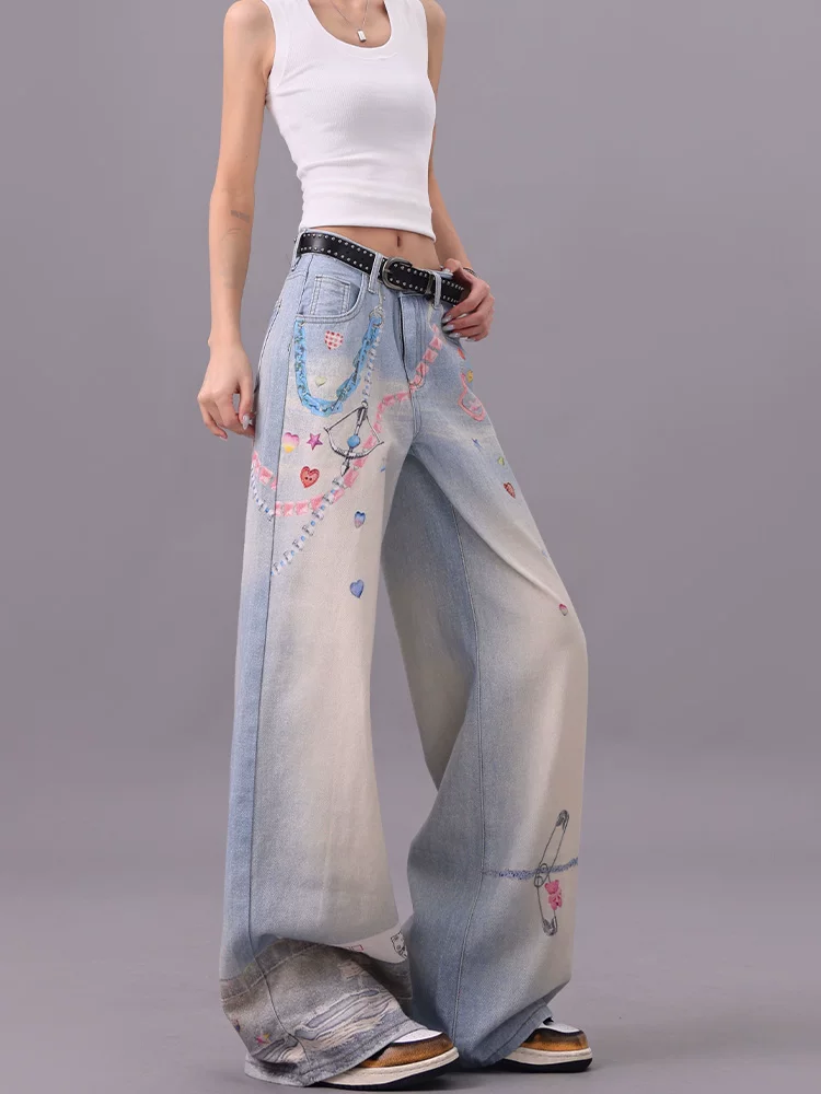 Quần jean ống đứng in họa tiết graffiti đầy màu sắc của KEN STUDIO dành cho nữ, phong cách mùa hè mới, dáng rộng, tôn dáng, quần dài ngang sàn.