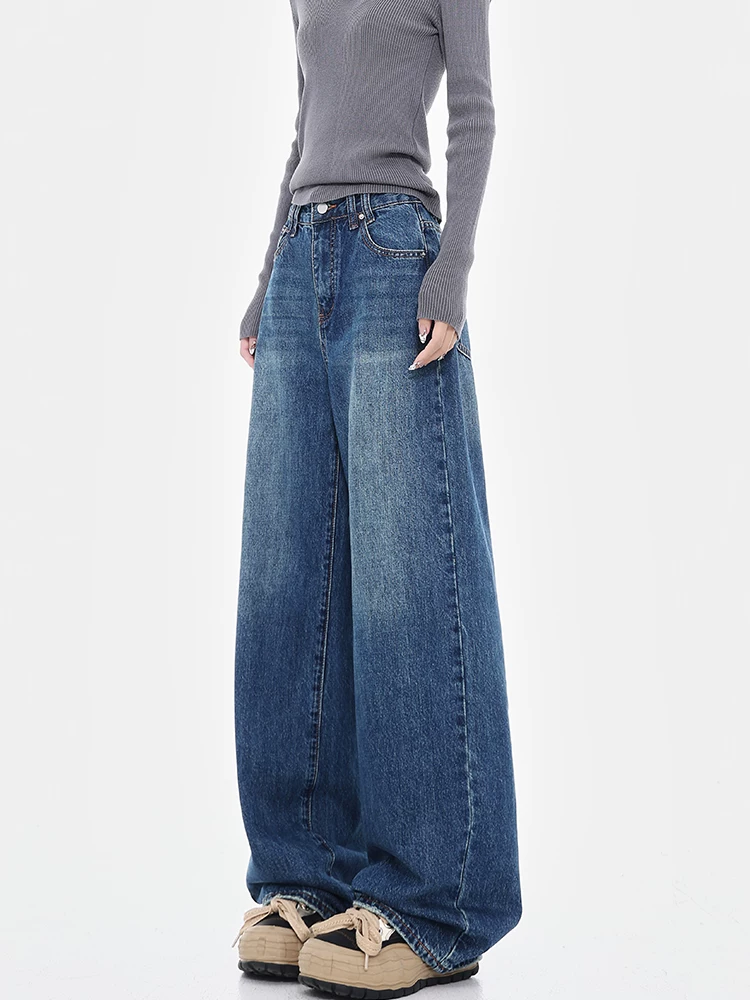 Quần jean ống rộng có lót lông cừu mùa thu đông của KEN STUDIO dành cho nữ, quần dài thẳng lưng cao, dáng rộng, tôn dáng