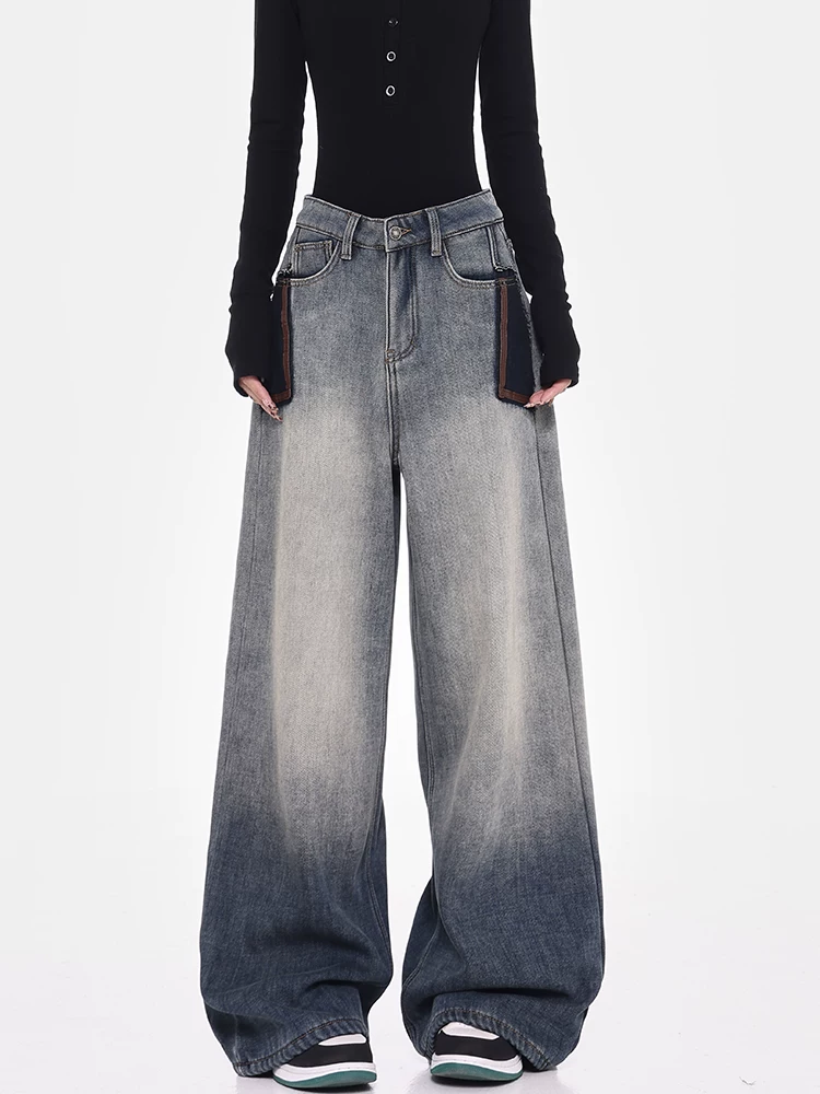 Quần jeans ống rộng màu xanh retro lót lông cừu mùa thu đông KEN STUDIO2025 dành cho nữ, thiết kế thời trang, quần dài cạp cao xước kiểu dáng hiện đại