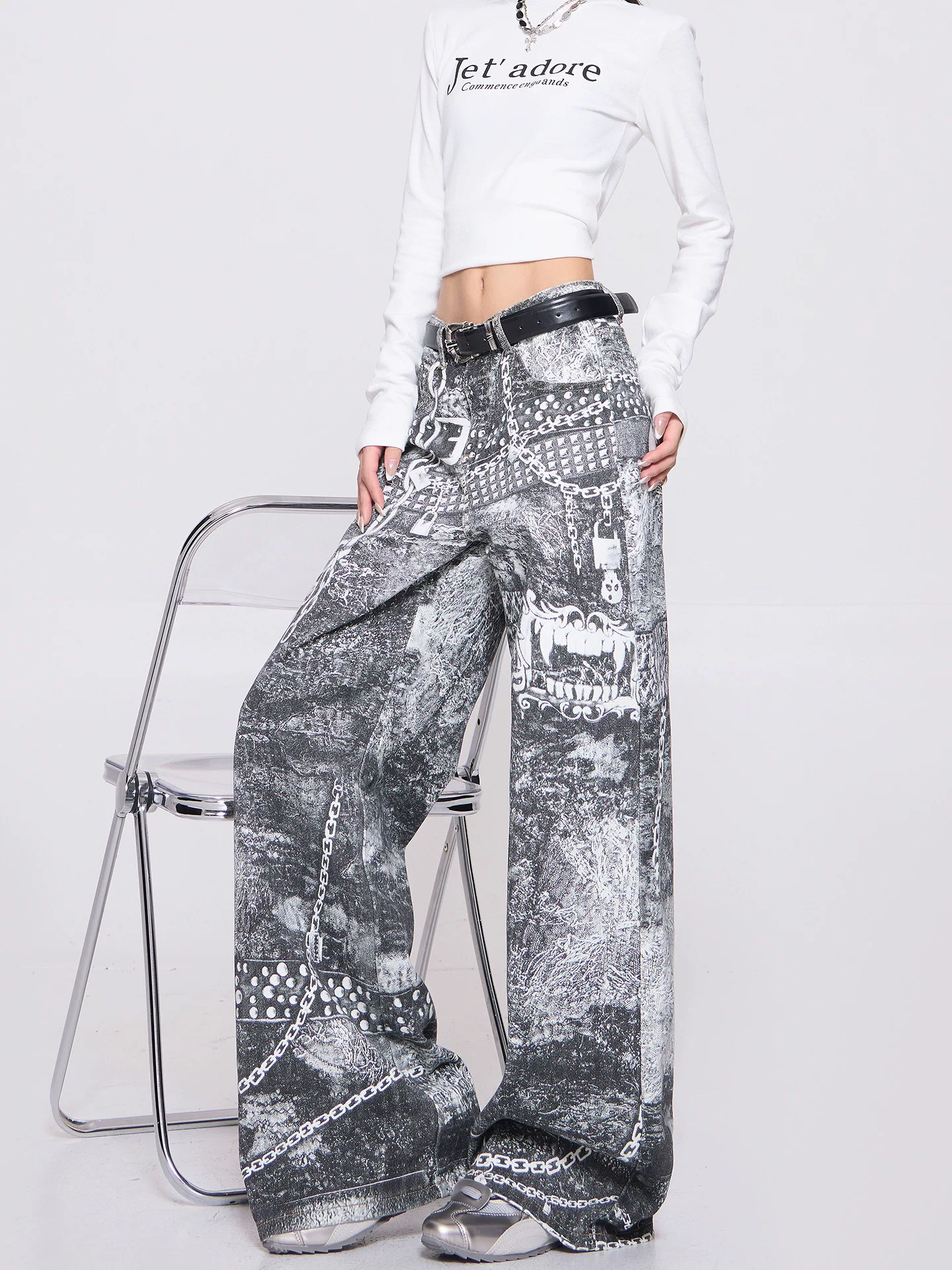 Quần jean ống rộng in kỹ thuật số đường phố cao cấp của KEN STUDIO dành cho nữ, quần dài dáng rộng lưng cao mới mùa xuân thu giúp giảm béo