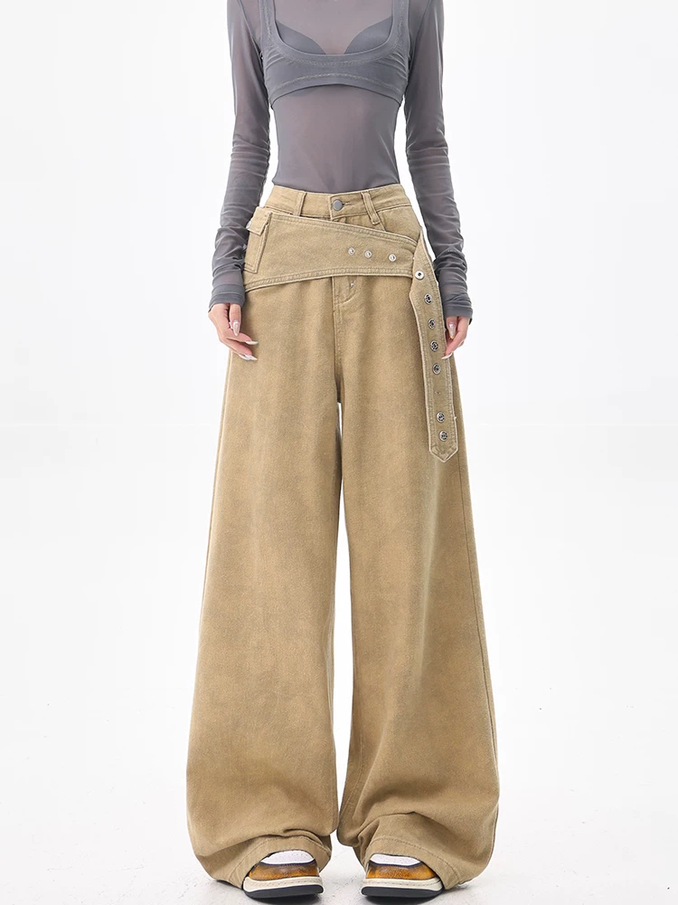 KEN STUDIO Quần denim kaki cổ điển kiểu Mỹ dành cho nữ, quần ống rộng thiết kế mới dành cho mùa hè và mùa thu.