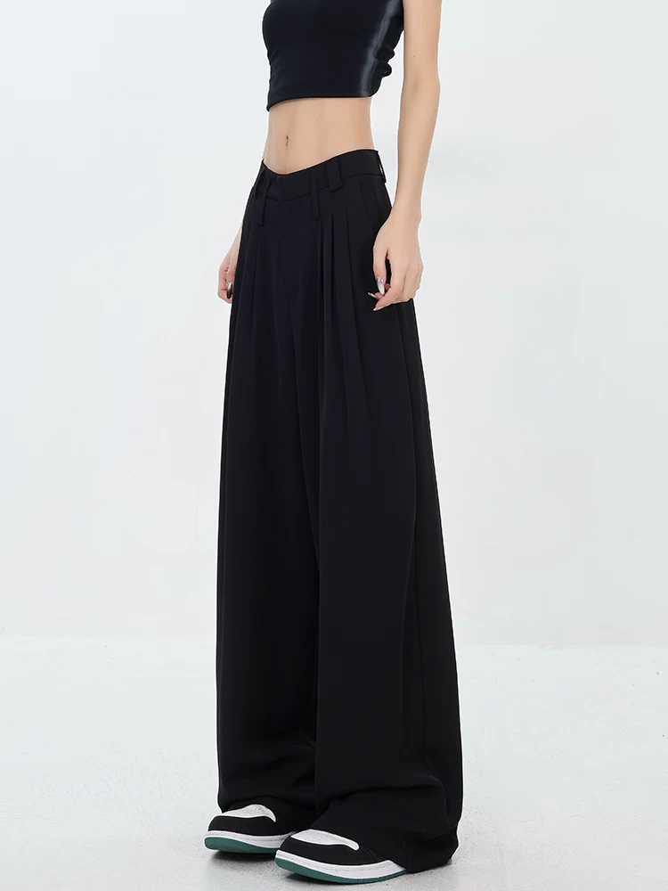 Quần âu nữ KEN STUDIO2025 Xuân Thu mới màu đen dáng thẳng, xếp ly, cạp cao, rộng rãi, tôn dáng, phong cách thường ngày