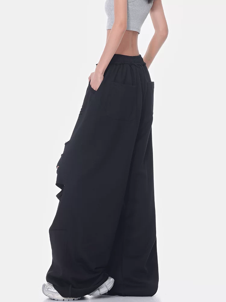 KEN STUDIO mùa hè mới quần thể thao xẻ tà màu đen quần thể thao thường ngày quần ống rộng lưng cao dành cho nữ