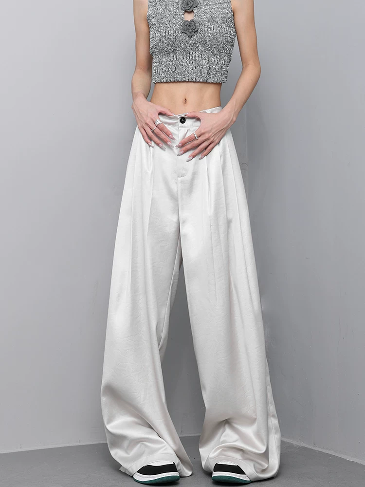 KEN STUDIO mùa hè mới mỏng màu mơ màng có kết cấu như lụa băng quần dài nữ tính thường ngày quần ống rộng dáng rộng