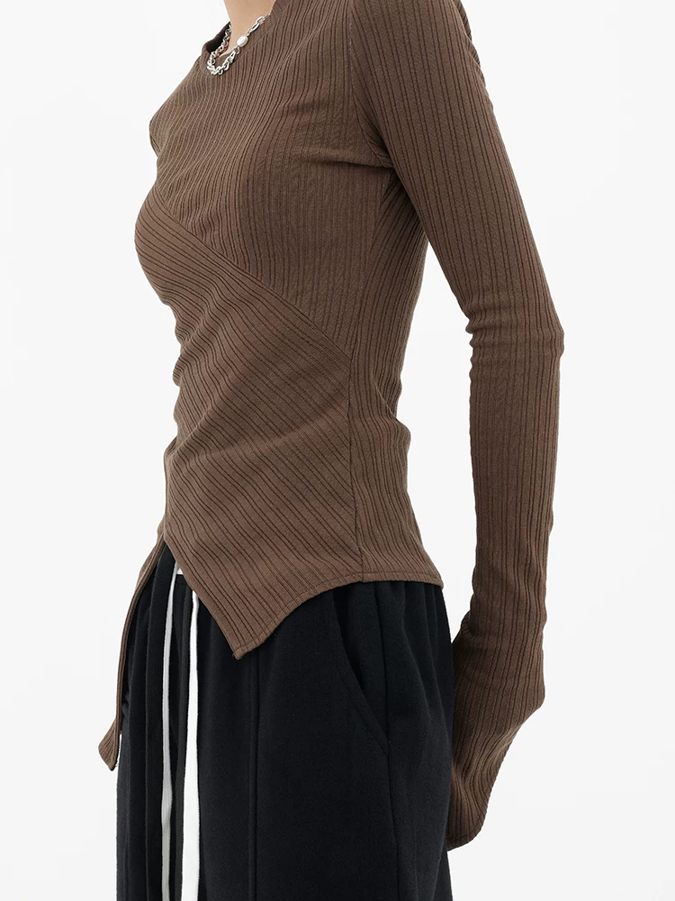 Áo thun dài tay thu đông mới lấy cảm hứng từ thiết kế của KEN STUDIO dành cho nữ, áo dệt kim ôm sát dáng suông không đều, áo lót.