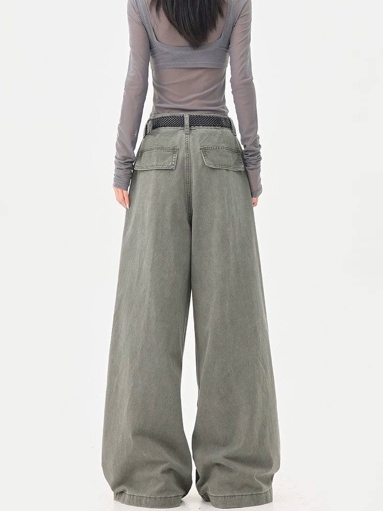 KEN STUDIO mùa hè mới quần jean công sở kiểu vintage được thiết kế theo phong cách vintage dành cho nữ với thiết kế xếp ly, quần ống rộng dáng rộng