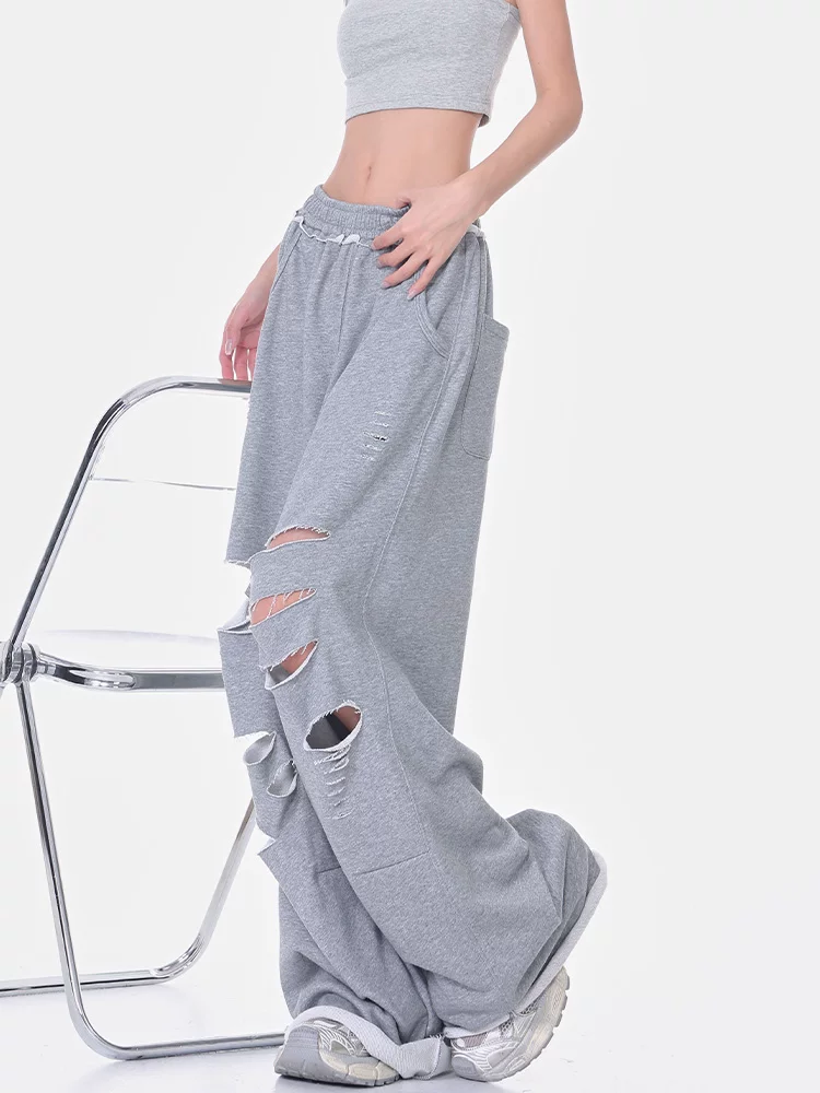 KEN STUDIO mùa hè phong cách mới quần thể thao xẻ tà màu xám quần thể thao dáng rộng lưng cao quần ống rộng cho nữ