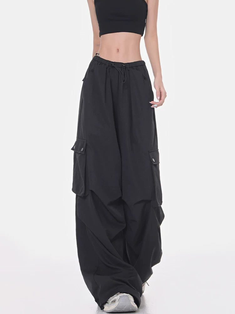 Quần cargo ống rộng màu đen của KEN STUDIO dành cho nữ, quần ống đứng mỏng mùa hè, quần thể thao nhanh khô, quần lính dù