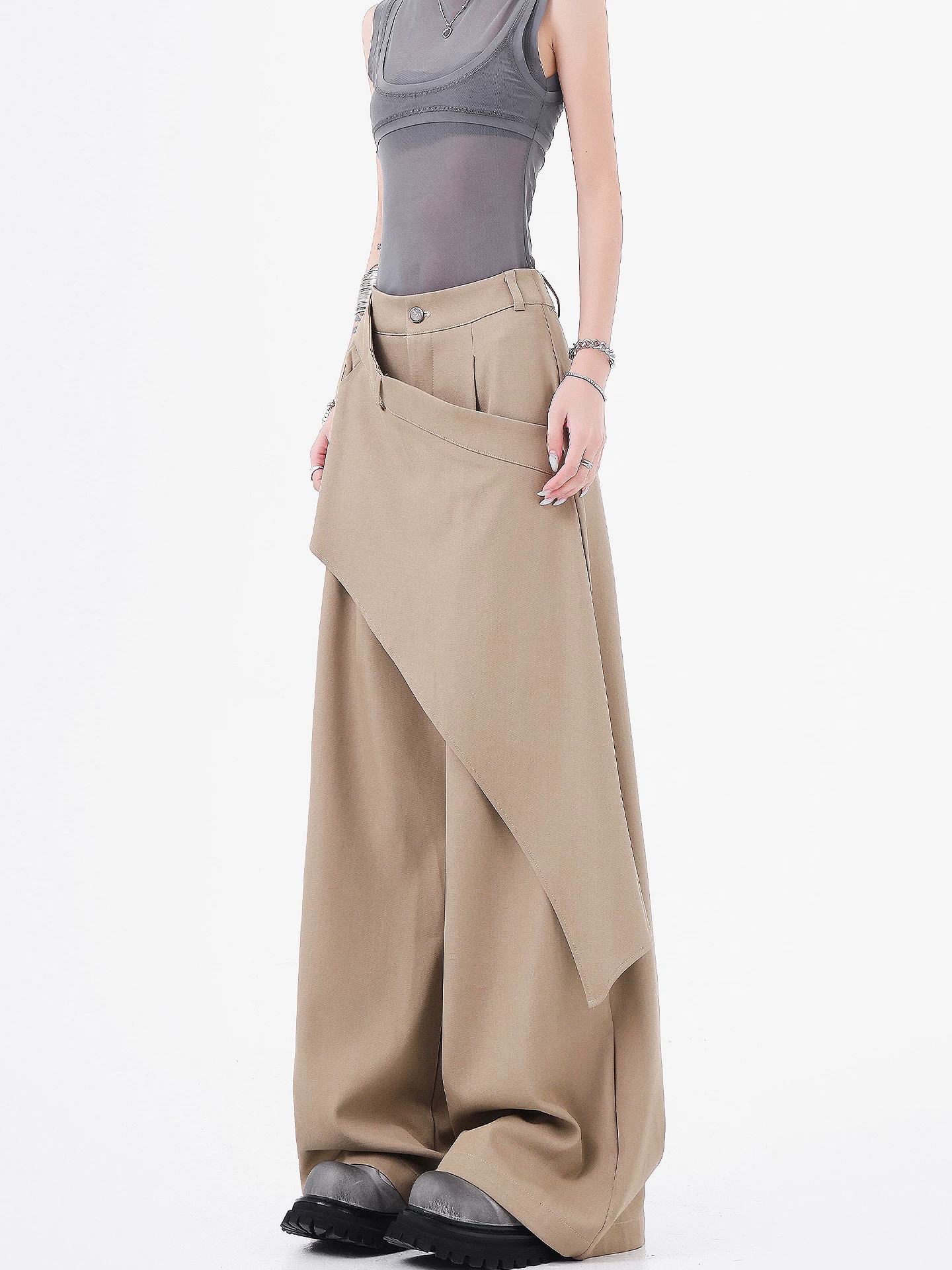 Quần vest chắp vá không đều kiểu dáng KEN STUDIO dành cho nữ, quần dài xếp ly dáng thẳng lưng cao mùa hè