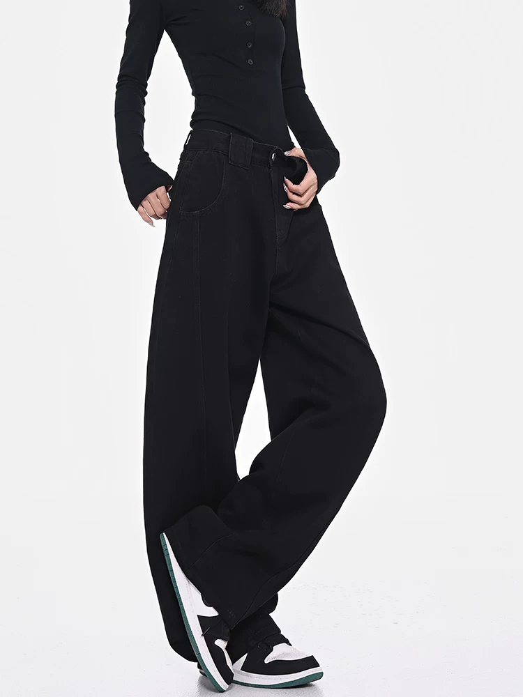 KEN STUDIO Quần kiểu retro Mỹ màu đen kiểu sickle quần chuối quần jeans nữ dáng rộng ống rộng kiểu scimitar