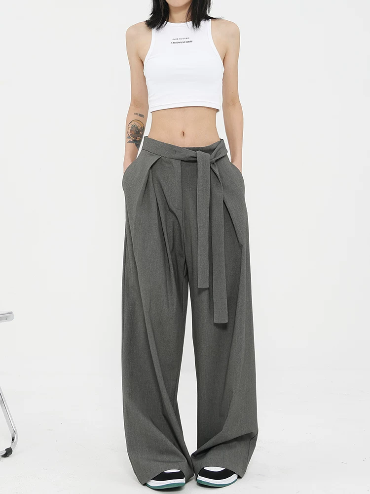 Quần tây ống đứng màu xám của KEN STUDIO dành cho nữ, thiết kế mới mùa xuân thu, quần thường ngày, quần ống rộng.