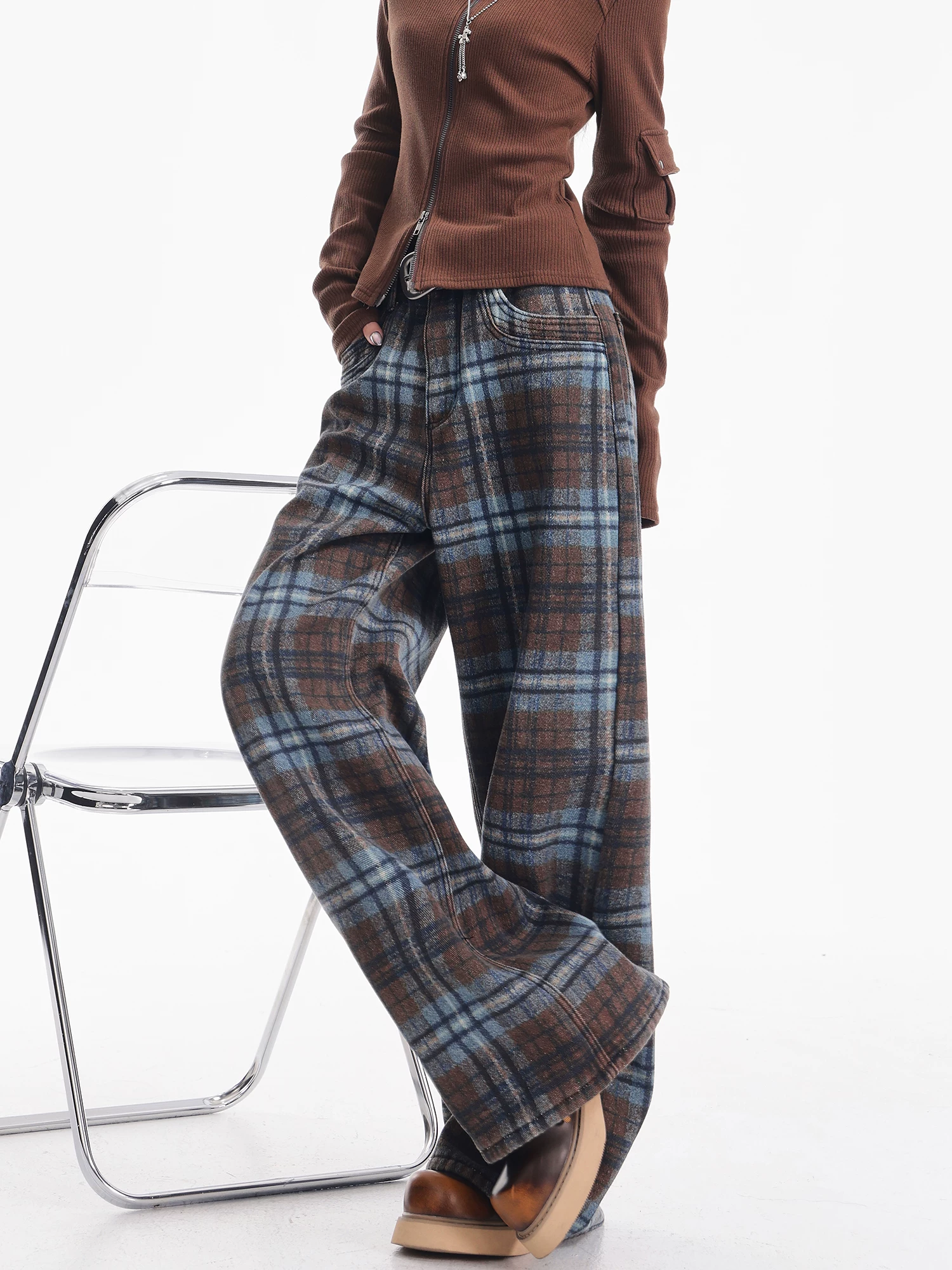 KEN STUDIO Quần jean kẻ sọc xanh mùa thu đông mới dành cho nữ, lót lông cừu, dày dặn, dáng rộng, giảm béo, quần ống rộng.