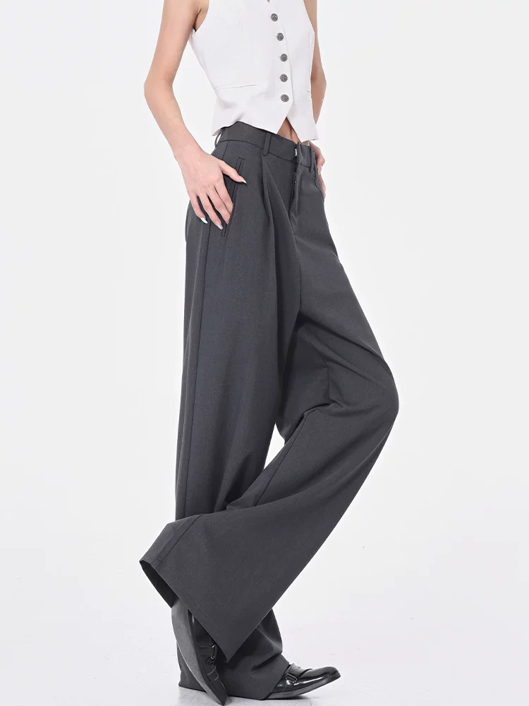 Quần tây ống đứng màu xám mỏng mùa hè của KEN STUDIO dành cho nữ, quần ống rộng dáng rộng lưng cao, dáng rộng