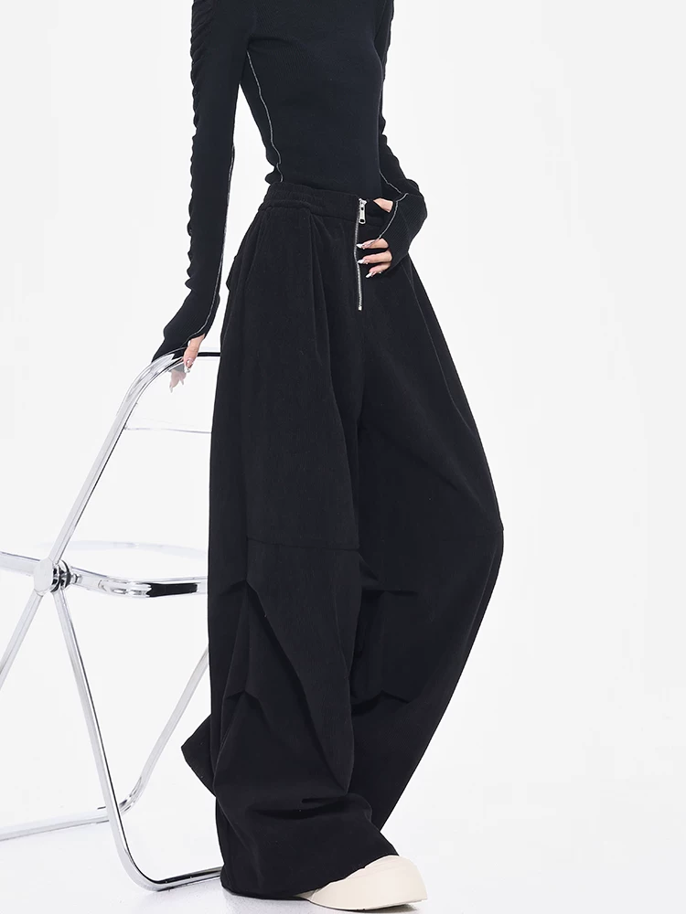 KEN STUDIO Quần ống rộng vải nhung dày màu đen thu đông mới dành cho nữ, quần cạp cao, giảm béo, quần rộng rãi thường ngày