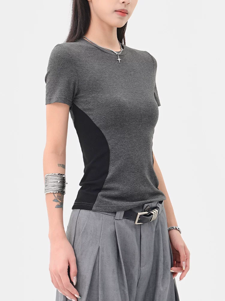 Áo thun ngắn tay cổ tròn màu tương phản cổ điển của KEN STUDIO dành cho nữ mùa hè mới áo thon gọn eo thon gọn