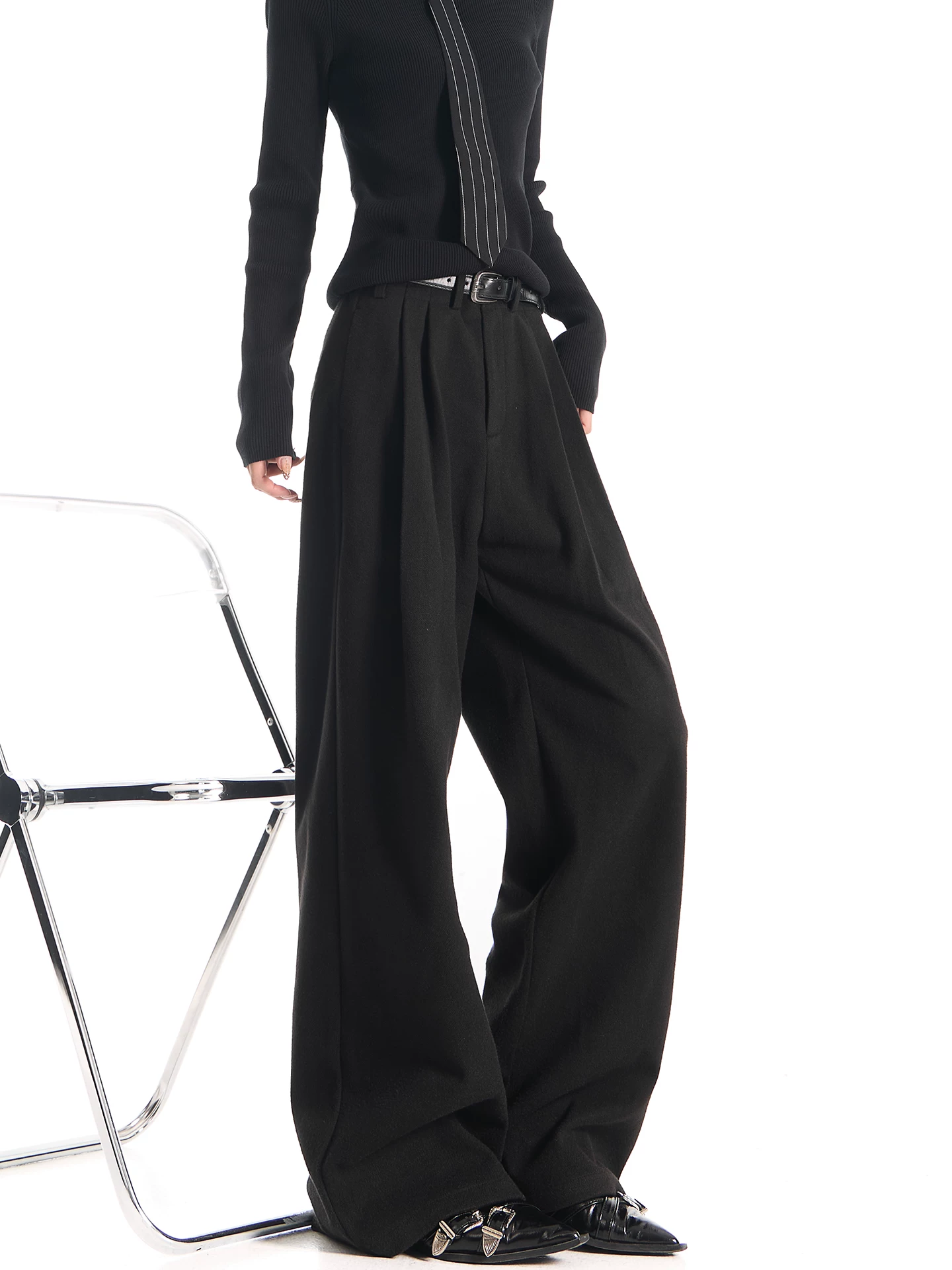 KEN STUDIO Quần tây ống rộng dày màu đen thu đông mới dành cho nữ, quần ống rộng dáng suông, quần ống rộng