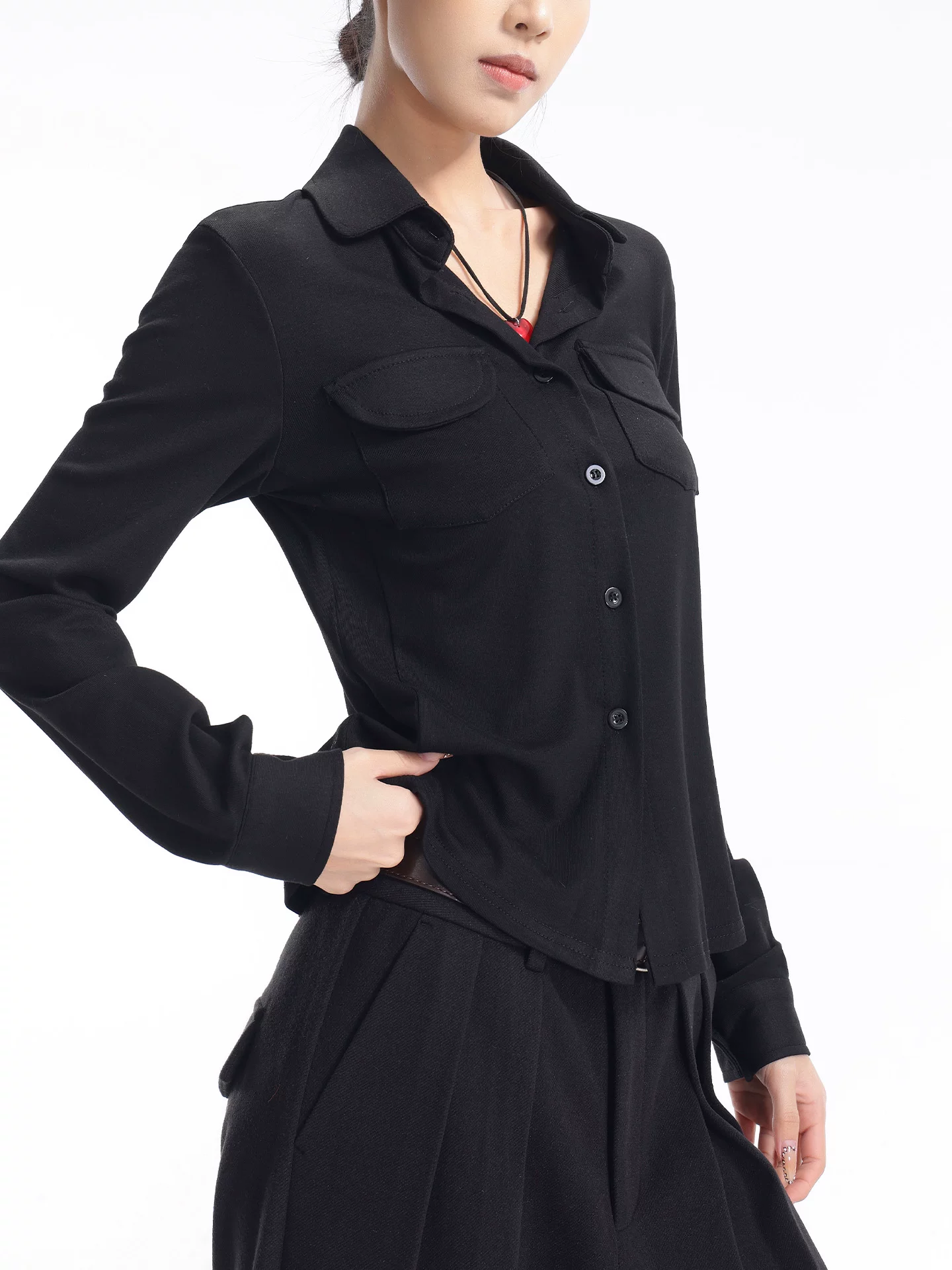 KEN STUDIO Áo sơ mi dài tay đơn giản màu đen mới mùa xuân thu dành cho nữ có cổ bẻ, dáng rộng, dáng suông, áo thun đa năng