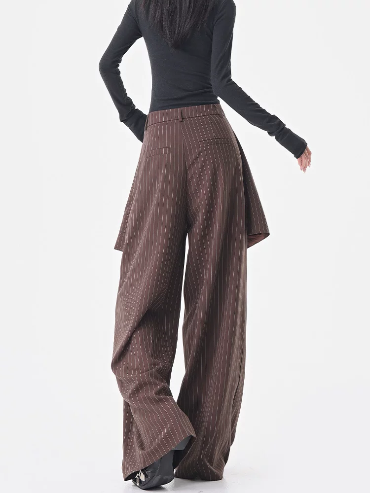 KEN STUDIO Quần dài xếp nếp sọc mùa hè và mùa thu mới dành cho nữ với thiết kế độc đáo quần ống rộng thẳng