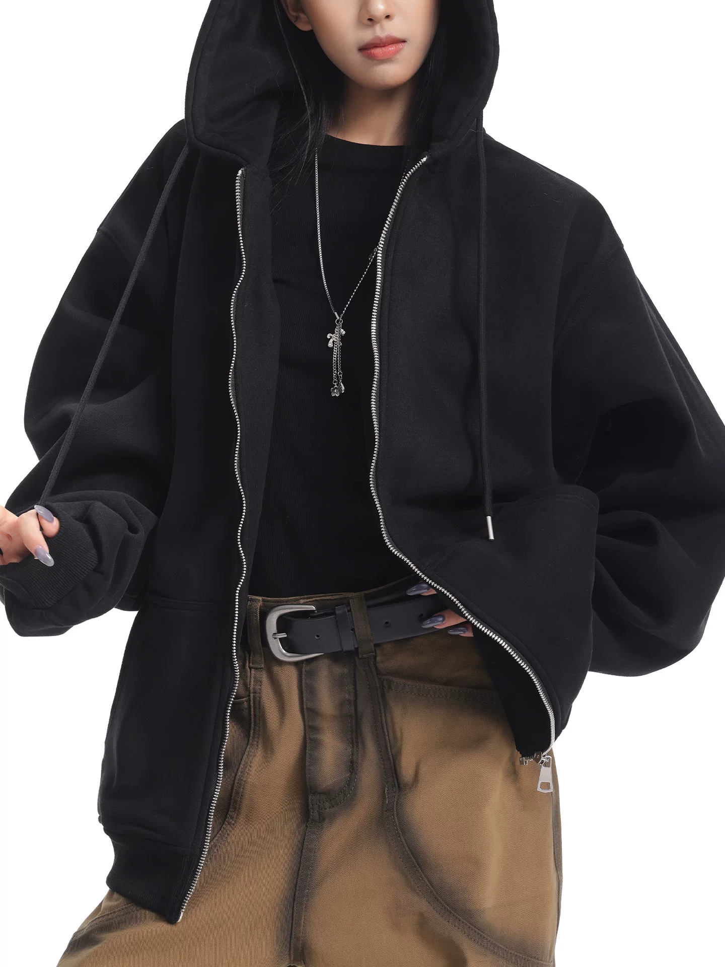 KEN STUDIO Áo len có mũ trùm đầu bằng nhung đen mới mùa thu đông dành cho nữ Áo khoác ngoài rộng rãi và đa năng