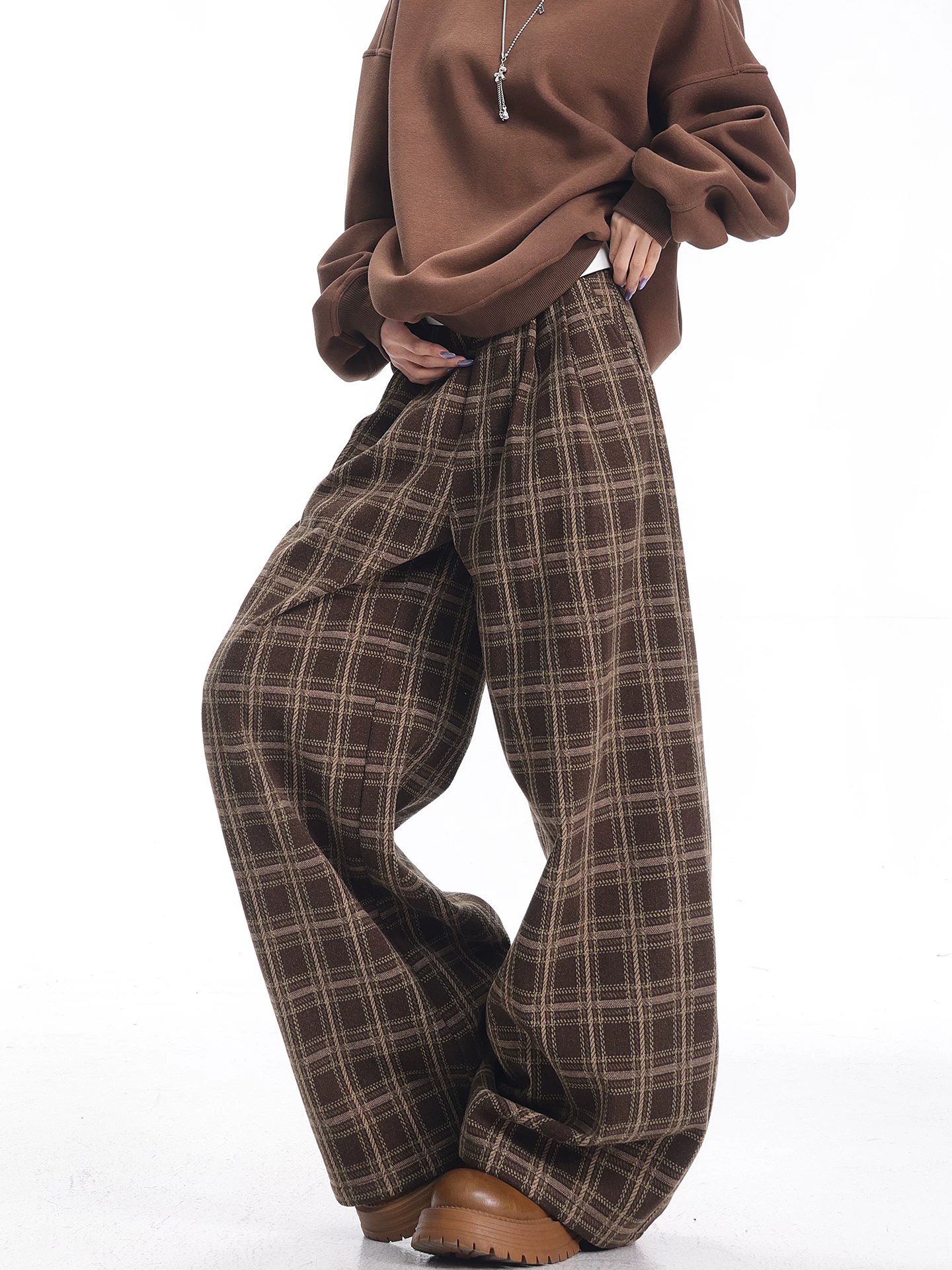 KEN STUDIO Quần thường ngày kẻ sọc dày màu cà phê mùa thu đông mới dành cho nữ, quần ống rộng dài đến sàn dáng rộng giúp giảm béo