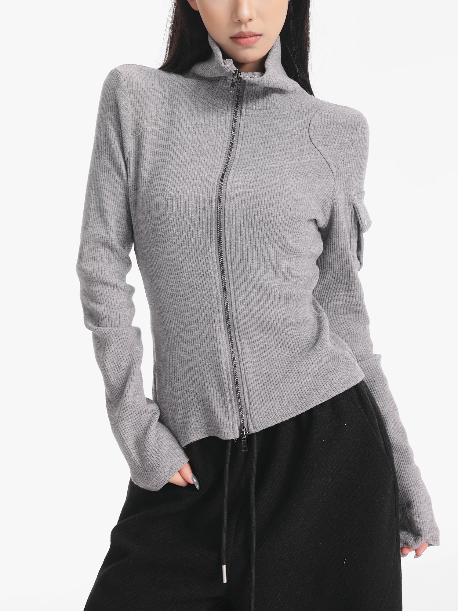 KEN STUDIO Áo khoác dệt kim màu xám mới mùa thu đông dành cho nữ có khóa kéo đôi ve áo cardigan dáng ôm dài tay