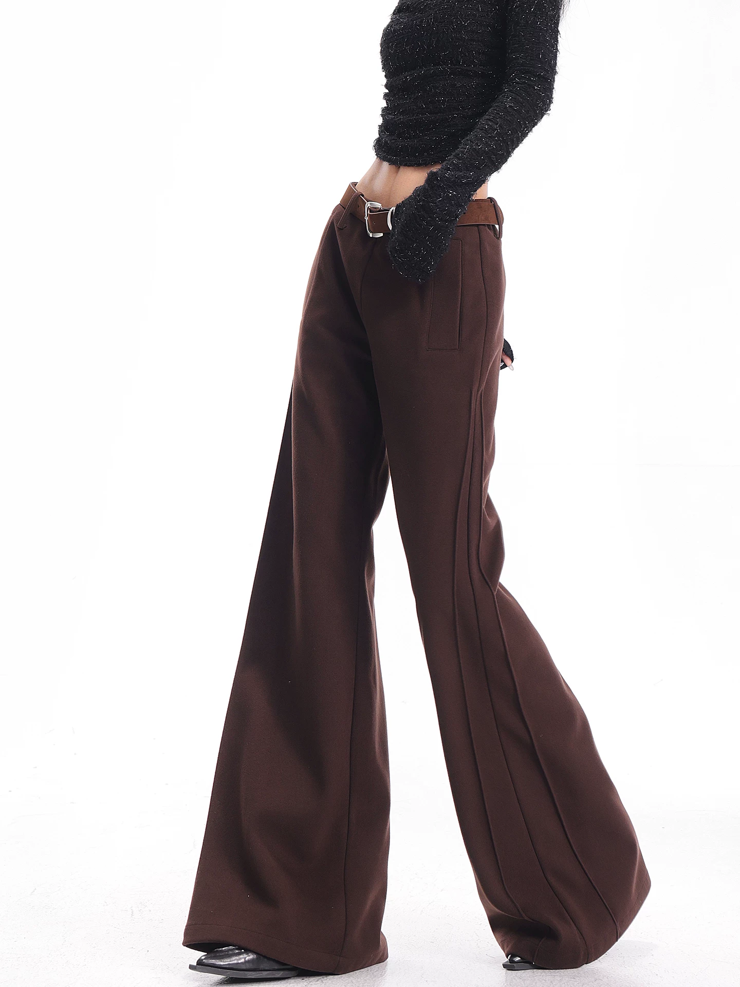 KEN STUDIO Quần âu ống loe màu cà phê thu đông mới dành cho nữ, chất liệu len dày, ôm dáng, quần ống rộng.