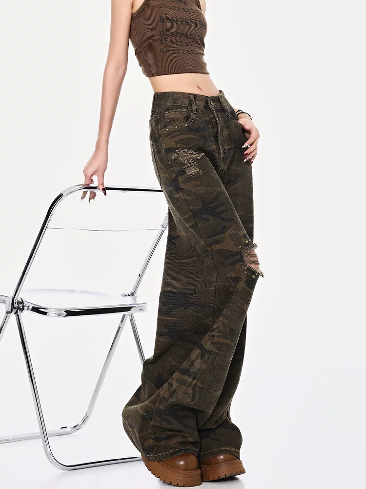 KEN STUDIO quần jean rằn ri rách và chải kiểu đường phố mới mùa xuân hè dành cho nữ, quần ống thẳng, lưng cao, dáng rộng, dài đến sàn