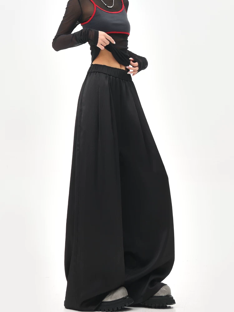 KEN STUDIO mùa hè mới quần âu ống rộng xếp ly màu đen dành cho nữ, quần cạp cao, dáng suôn, quần rộng và tôn dáng