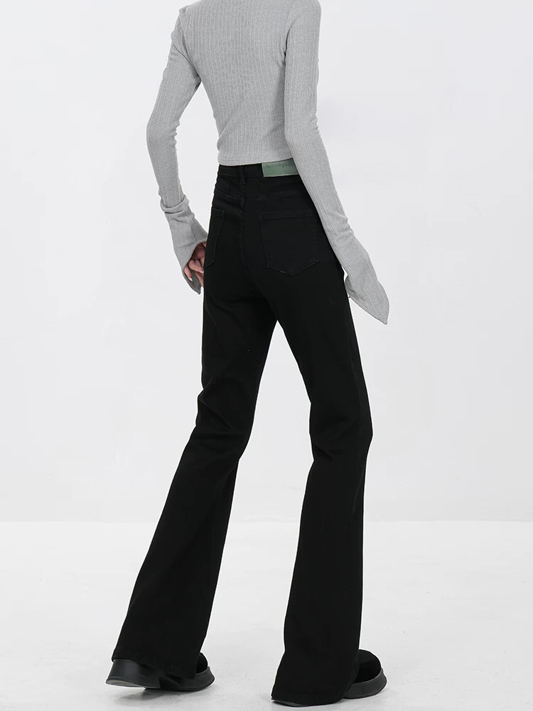 KEN STUDIO2025 mùa thu đông mới kiểu Mỹ cổ điển quần jean đen nữ dáng ôm vừa vặn quần ống loe giảm béo