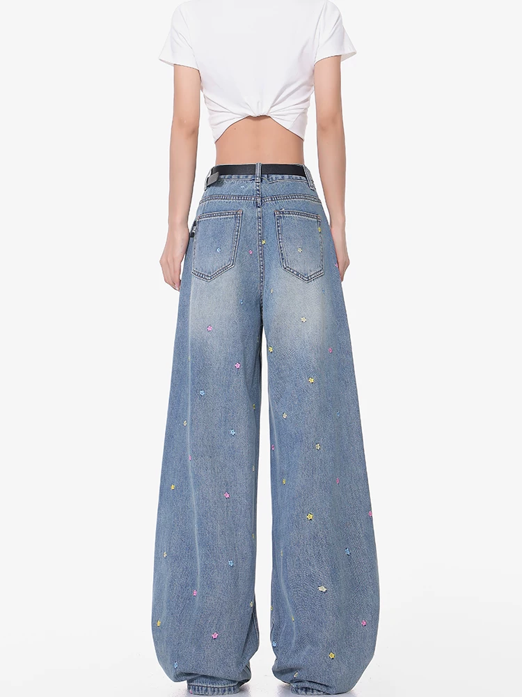 KEN STUDIO mùa hè mới quần jean thêu hoa nhiều màu sắc dành cho nữ quần ống rộng dáng rộng phong cách retro đã giặt